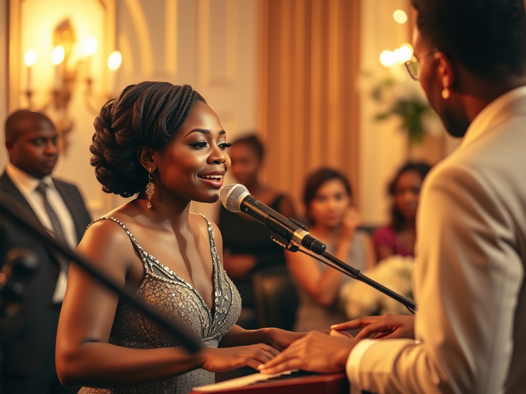 A woman singing passionately into a microphone while playing a keyboard, with an engaged audience in the background, dressed in formal attire.