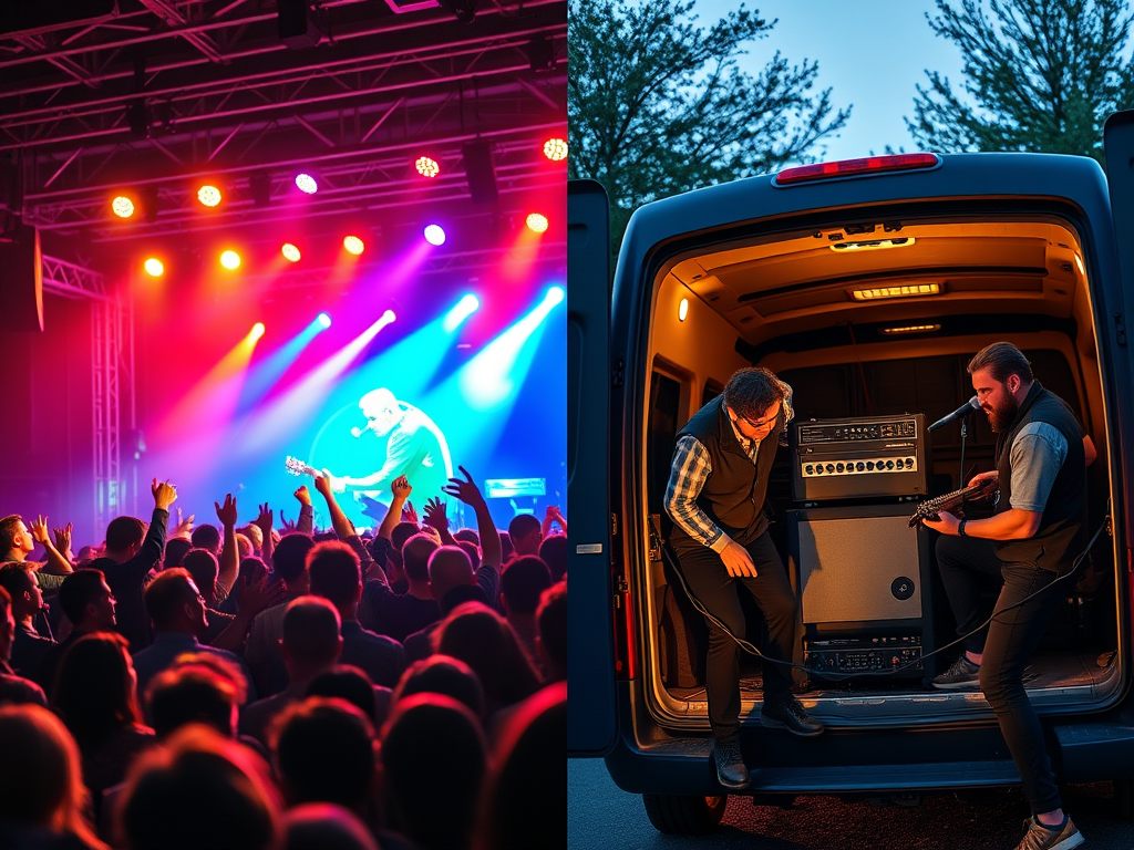 Split screen showing a band and a DJ