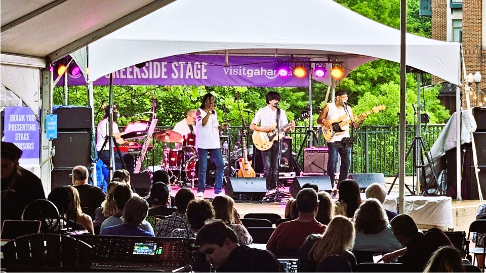 Corporate event with ots of people watching a band on stage