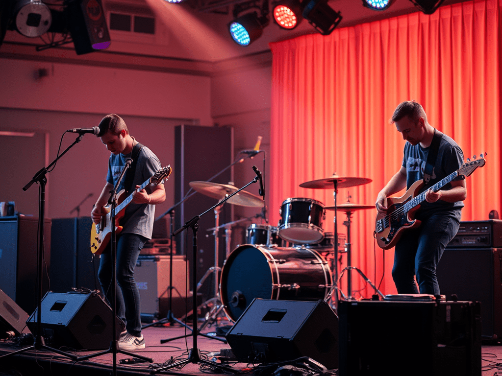 Two musicians performing on stage with a guitar and bass, illuminated by colorful stage lights.
