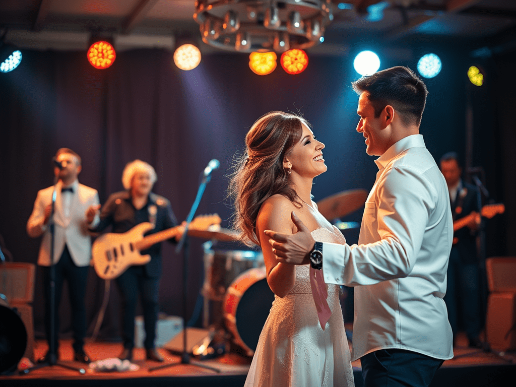 A couple dancing together at their wedding, smiling joyfully as a live band performs in the background.