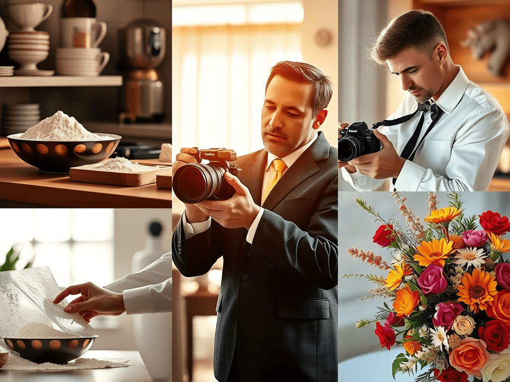 A collage featuring a bowl of flour on a kitchen countertop, a man in a suit holding a camera, a hand pouring flour from a measuring cup, and a vibrant bouquet of flowers.