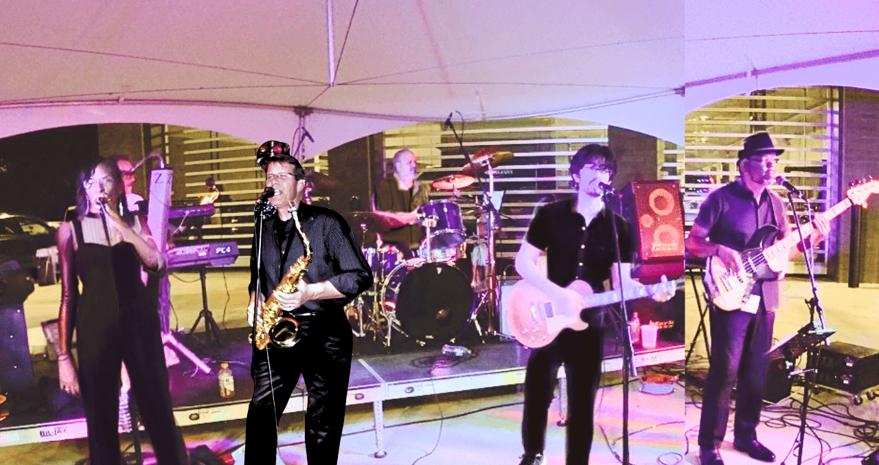 A live band performance featuring musicians playing various instruments under a tent, creating a vibrant atmosphere for an event.