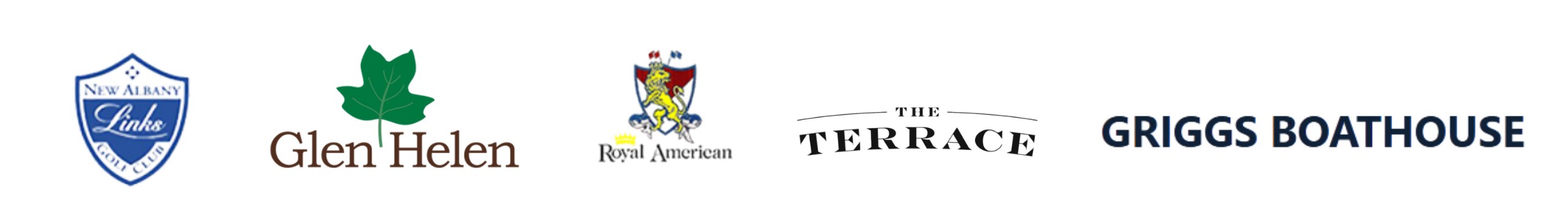 Logos of New Albany Links Golf Club, Glen Helen, Royal American, The Terrace, and Griggs Boathouse logos displayed in a row. - KC & the Moonlighters