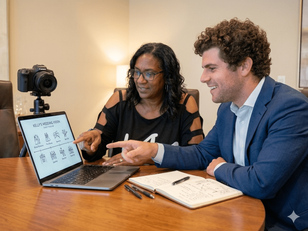 Hiring a live band. A woman and a man sitting at a table, discussing a wedding vision on a laptop screen, with a camera set up nearby.Band leader and client sitting at a table collaborating. 
