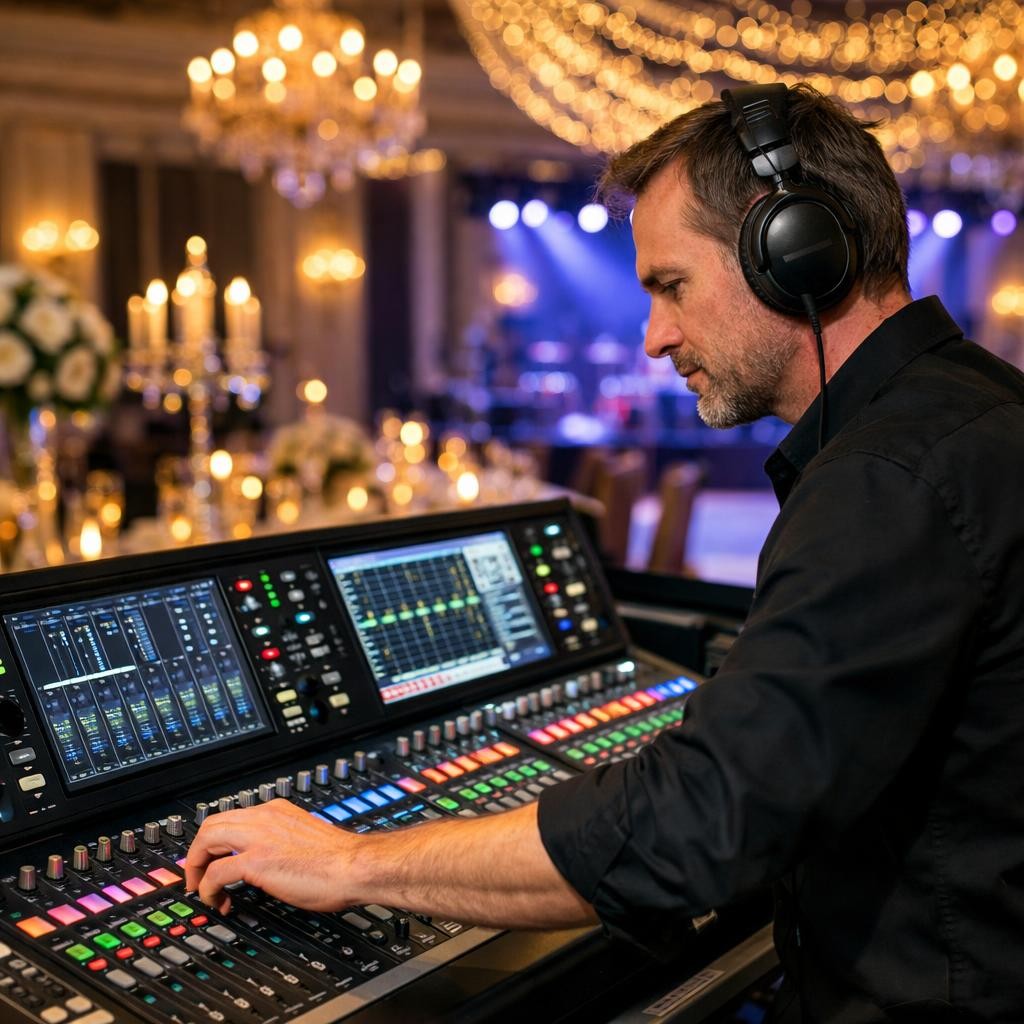 Hiring a band. Man in headphones operating a digital audio mixing console at an event