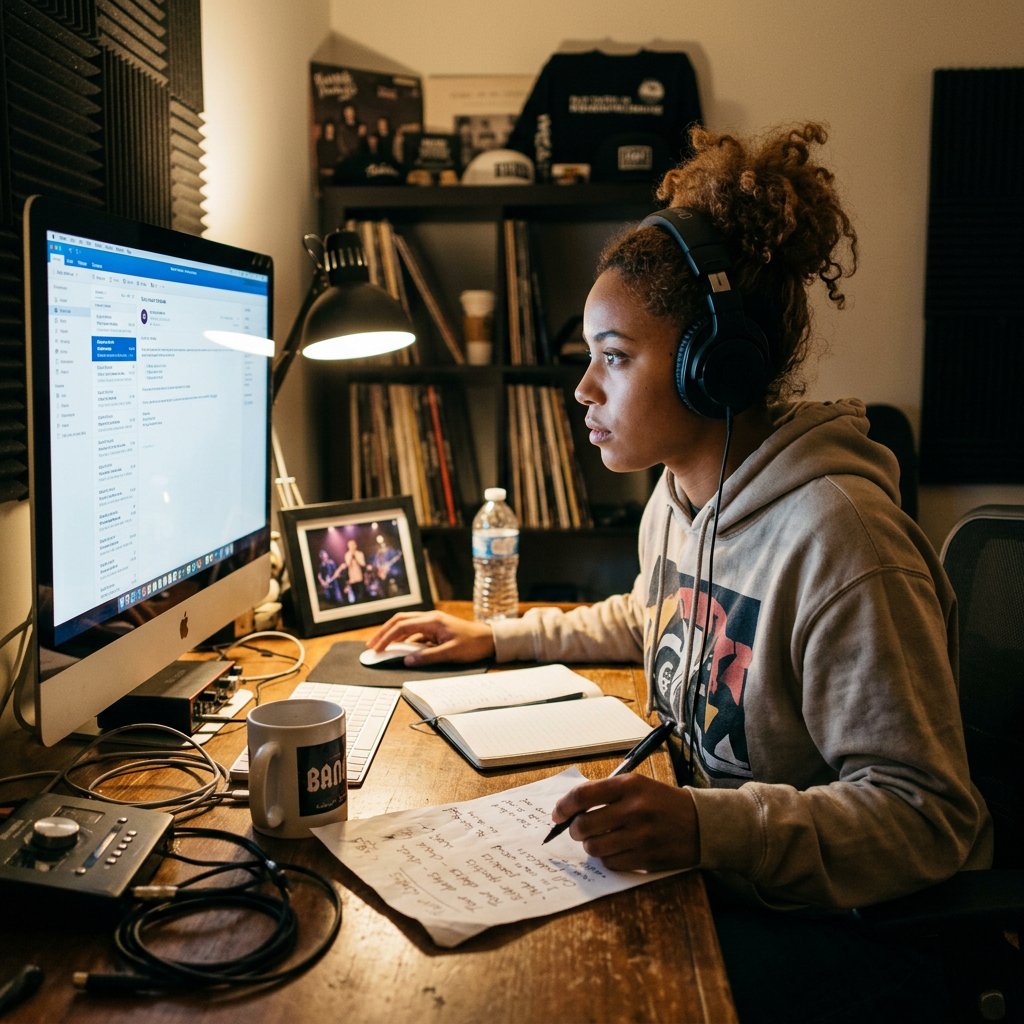 Band manager working at computer with headphones. The Reality of Being a Professional Band Leader.